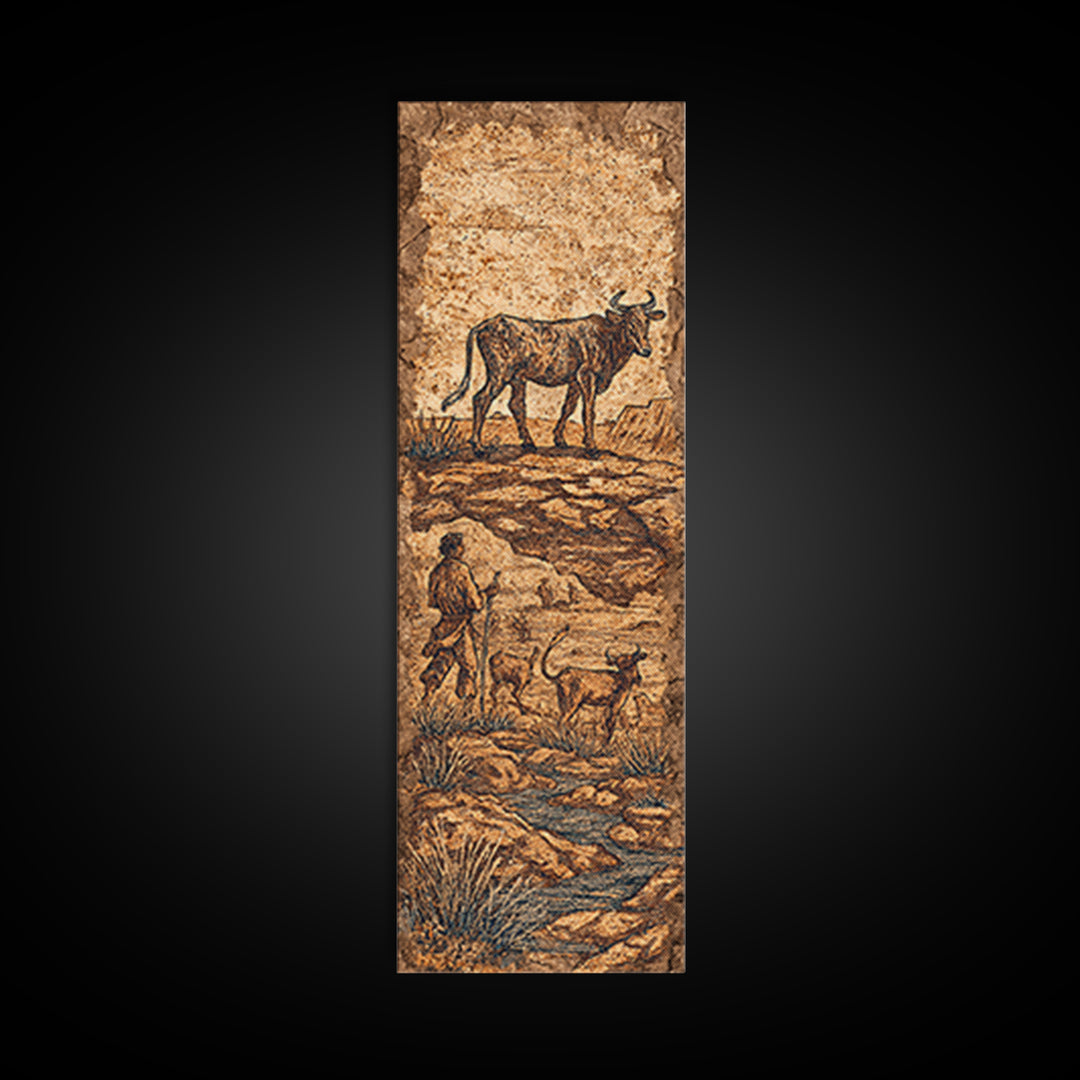 Ancient Cattle Herder Cave Painting Wall Art, African Safari Art Print, Rustic Tribal Landscape Decor For Home Office Decor