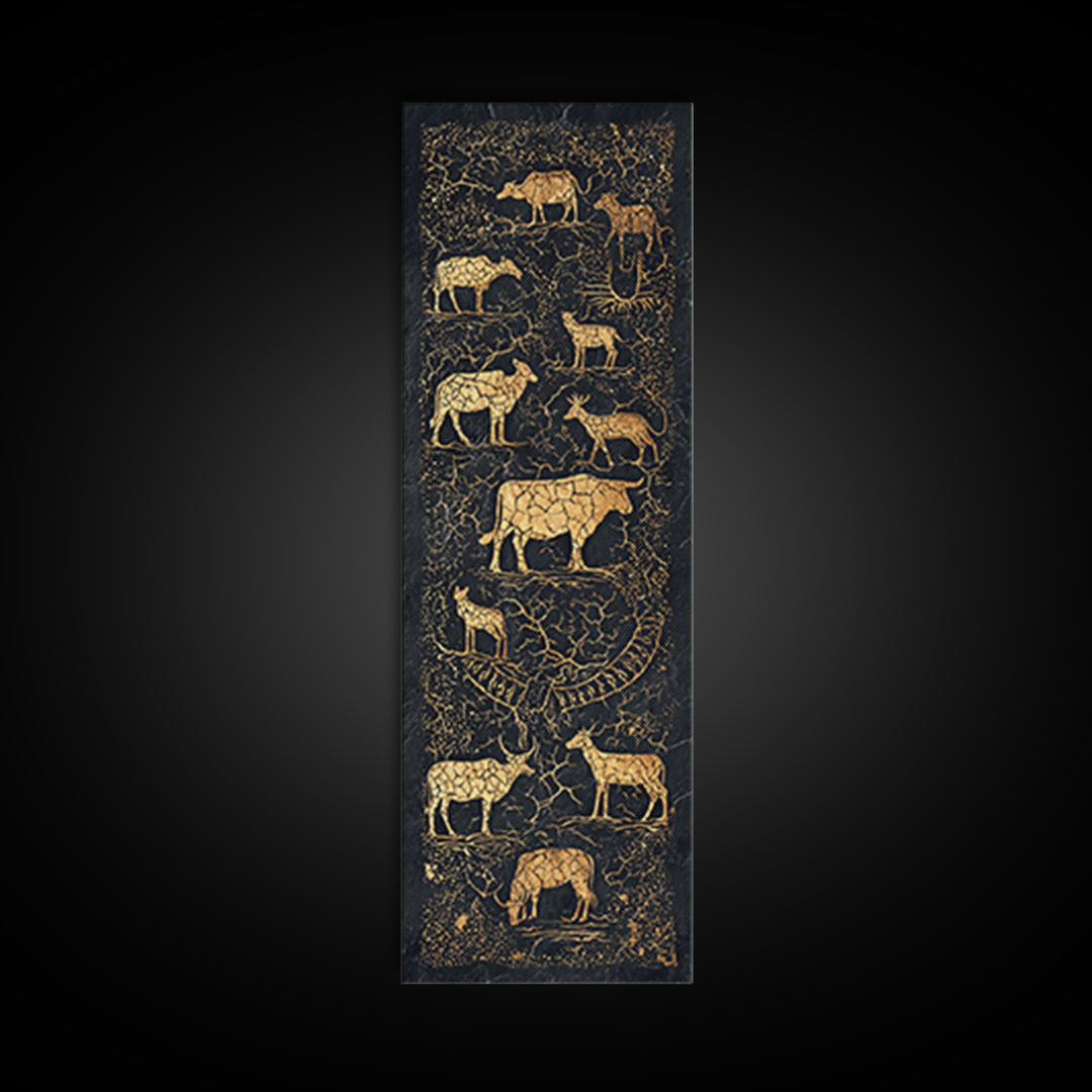 Gold Animal Silhouette African Safari Wall Art, Black Crackle Wildlife Canvas Decor, Tribal Art Print For Living Room Home Decor
