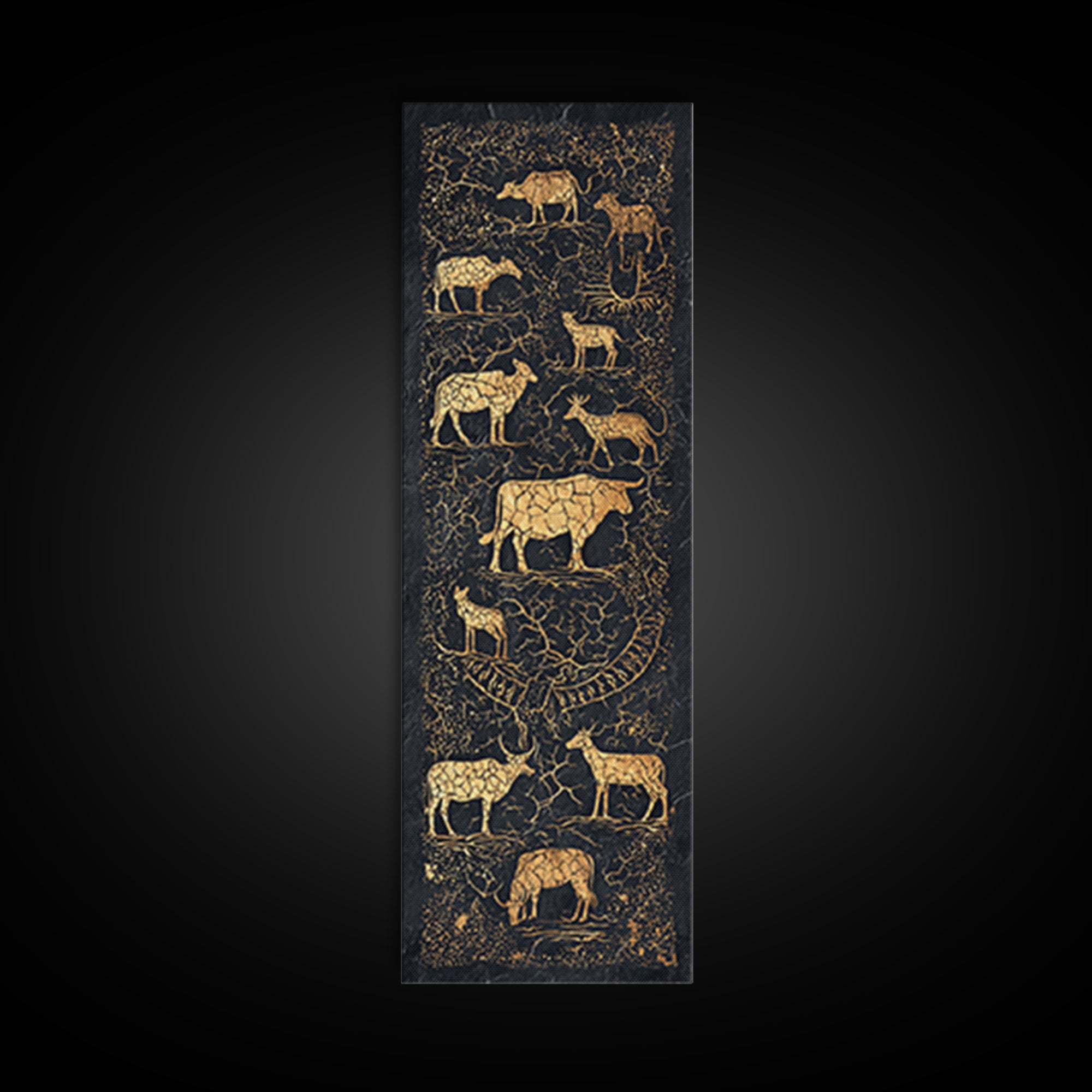 Gold Animal Silhouette African Safari Wall Art, Black Crackle Wildlife Canvas Decor, Tribal Art Print For Living Room Home Decor