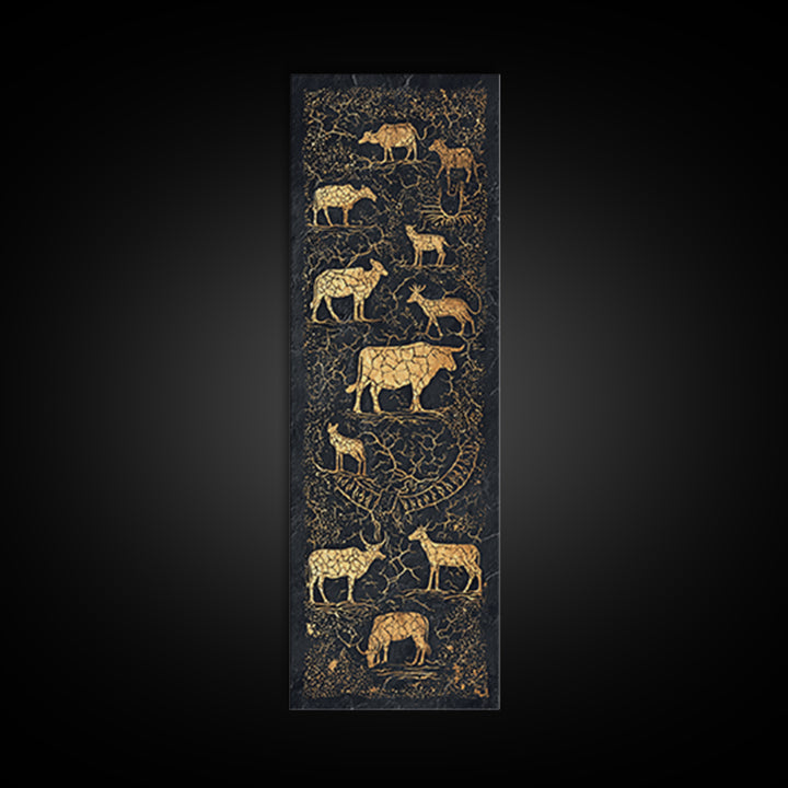 Gold Animal Silhouette African Safari Wall Art, Black Crackle Wildlife Canvas Decor, Tribal Art Print For Living Room Home Decor