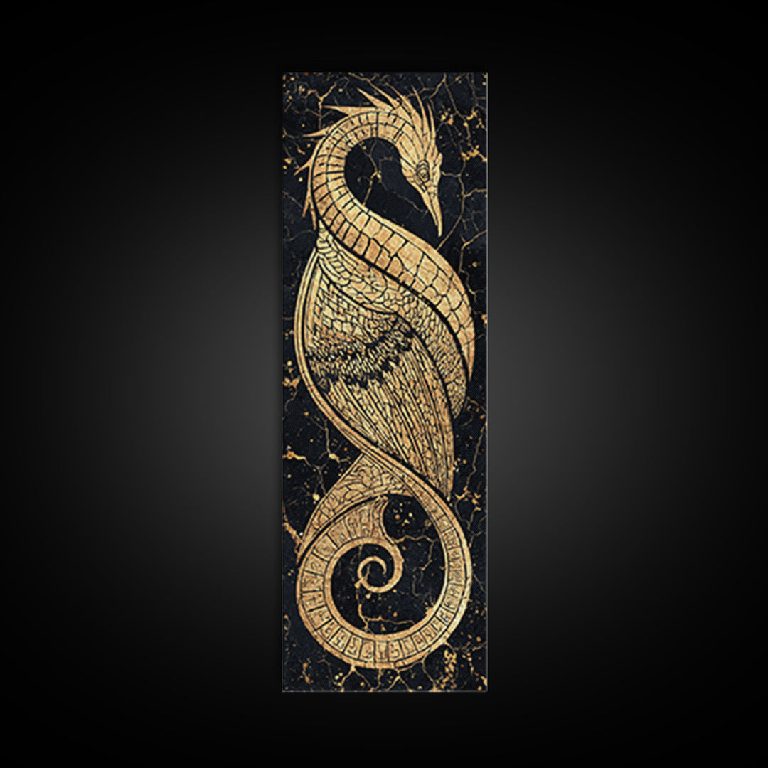 Gold Crane Heron Line Art Canvas Print, Black And Gold African Inspired Bird, Elegant Tribal Luxury Geometric Wall Decor Gift