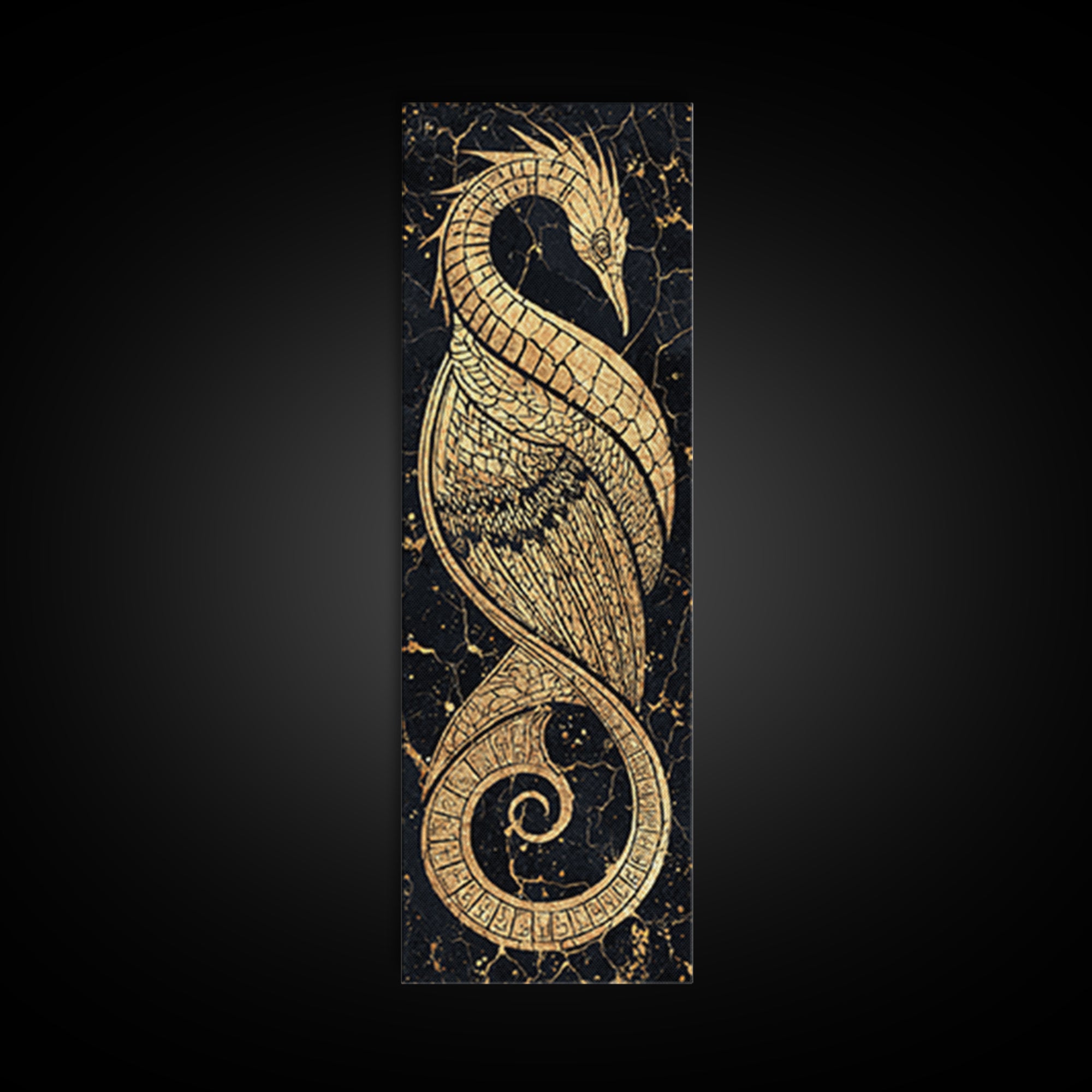 Gold Crane Heron Line Art Canvas Print, Black And Gold African Inspired Bird, Elegant Tribal Luxury Geometric Wall Decor Gift