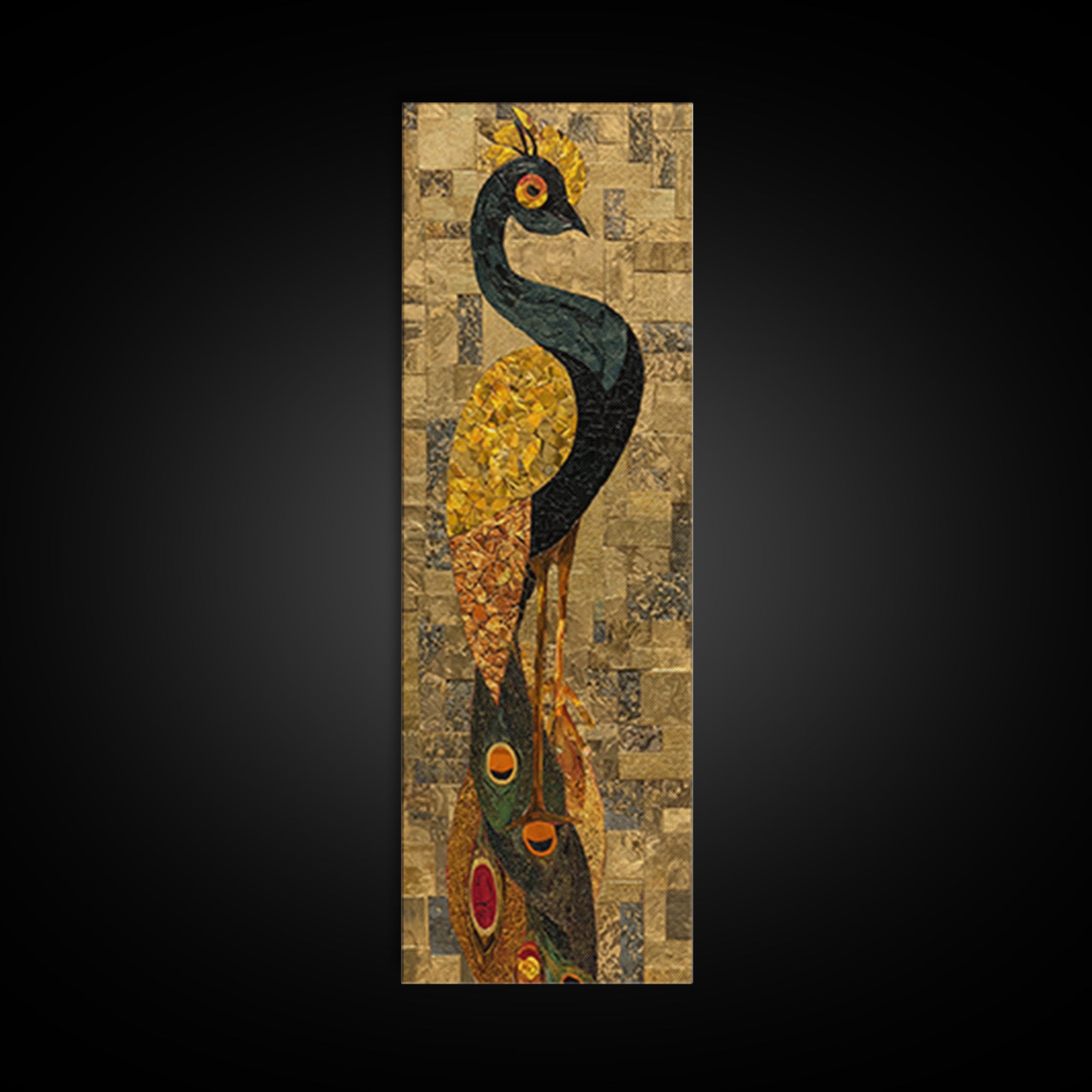 Tall Peacock Tribal Bird Framed Canvas Print, African Inspired Gold Mosaic Portrait, Elegant Cultural Wall Home Decor Gift