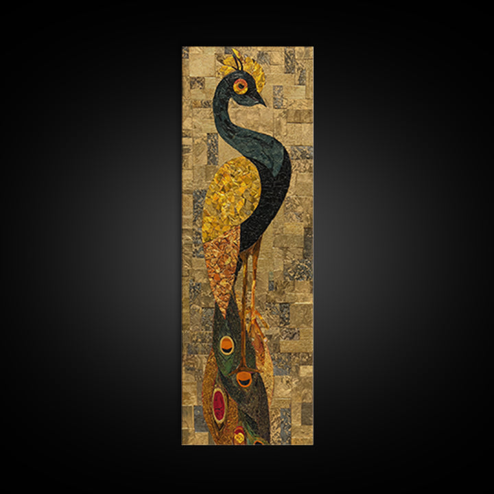 Tall Peacock Tribal Bird Framed Canvas Print, African Inspired Gold Mosaic Portrait, Elegant Cultural Wall Home Decor Gift
