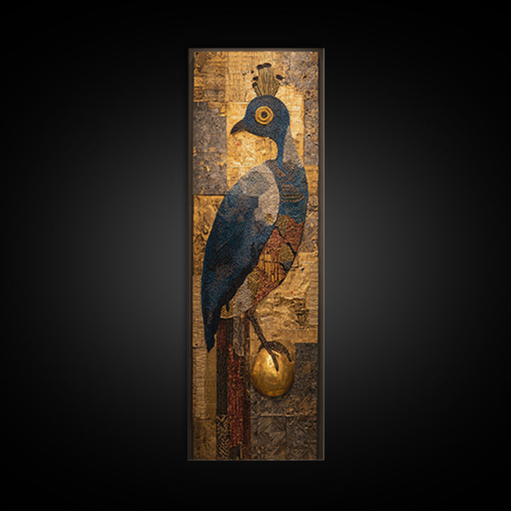 Blue Gold Peacock Portrait Canvas Print, African Inspired Bird Art, Textured Mixed Media, Luxury Elegant Home Wall Decor Gift