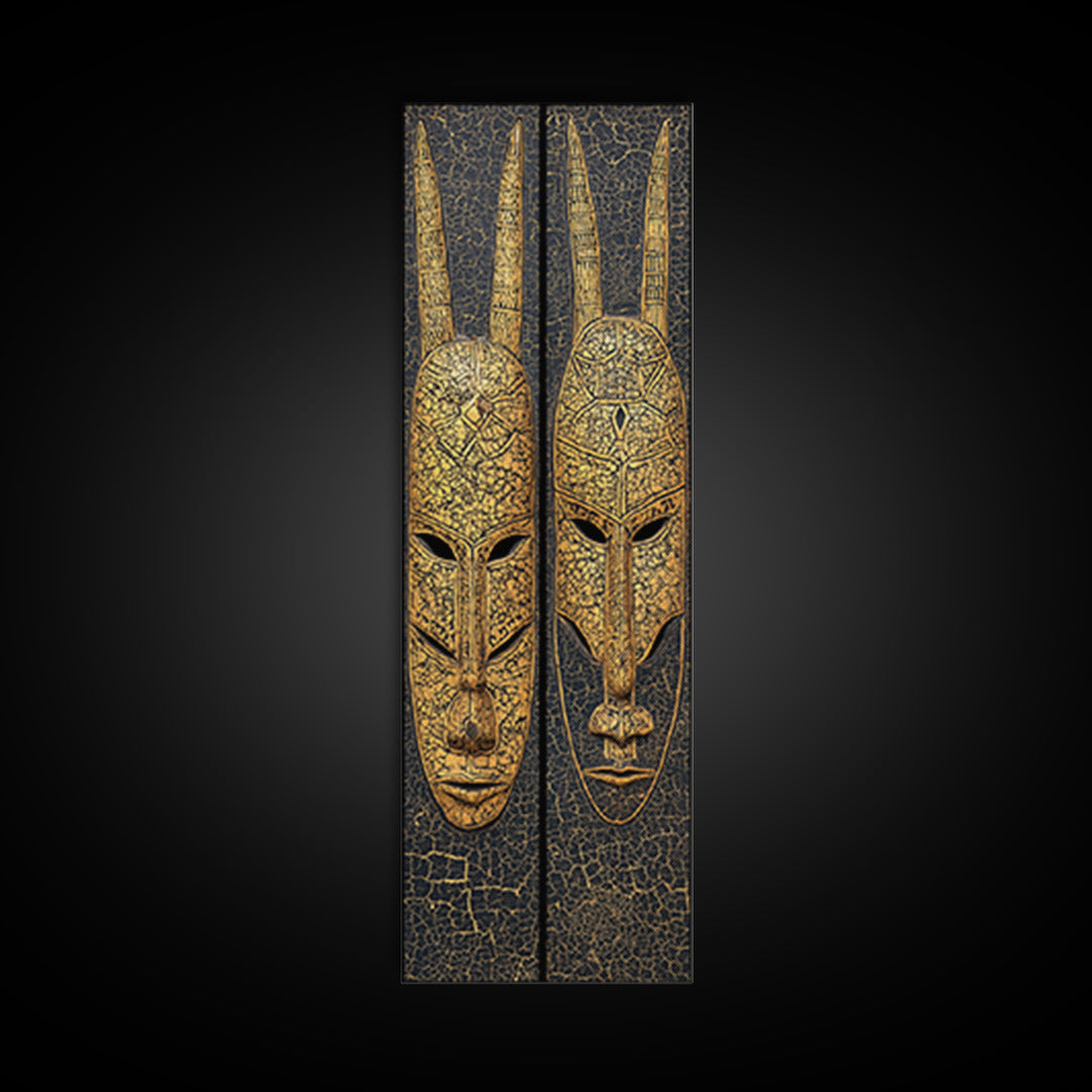 Gold Tribal Mask Diptych Wall Art, African Mask Art, African Tribal Decor, Black Gold Canvas, Afrocentric Home Decor Gift