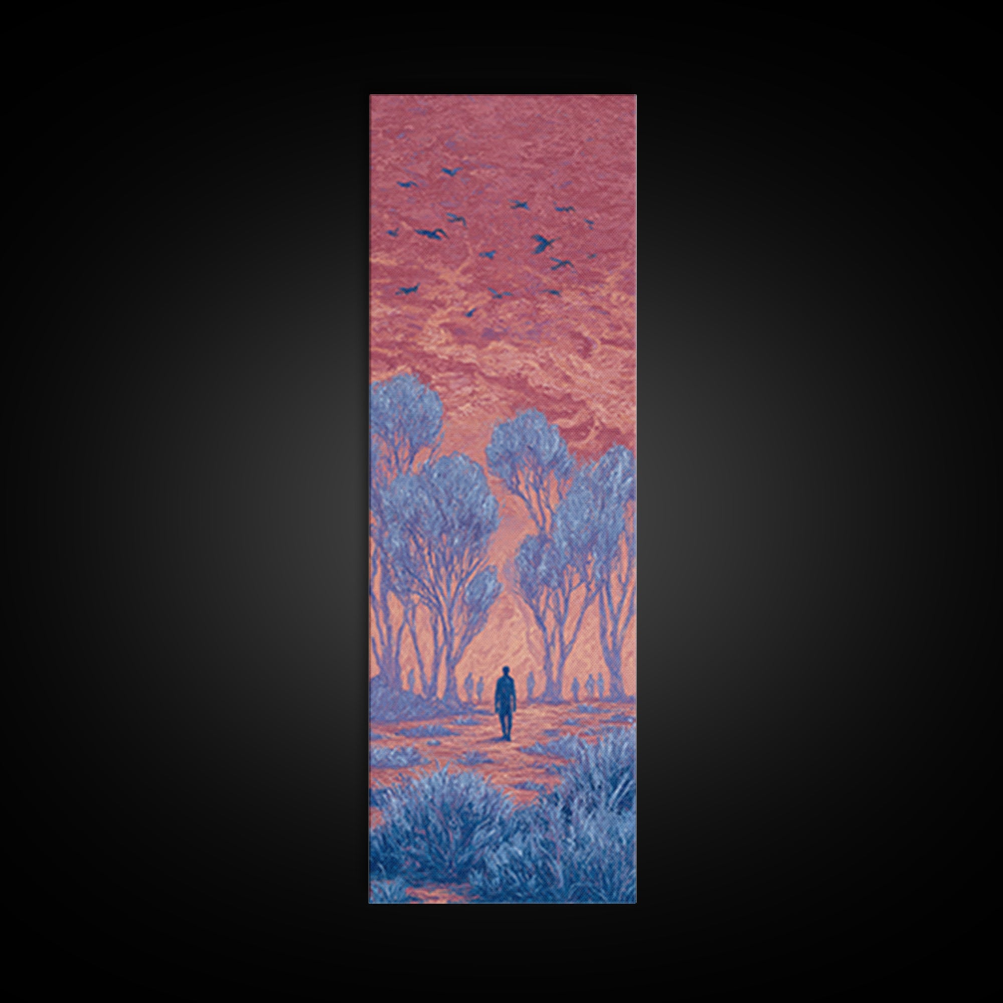 Pink Sunset Landscape Canvas Print, African Landscape, Dreamy Wall Art, Nature Scene Art, Blue Trees, Birds, Large Decor Art