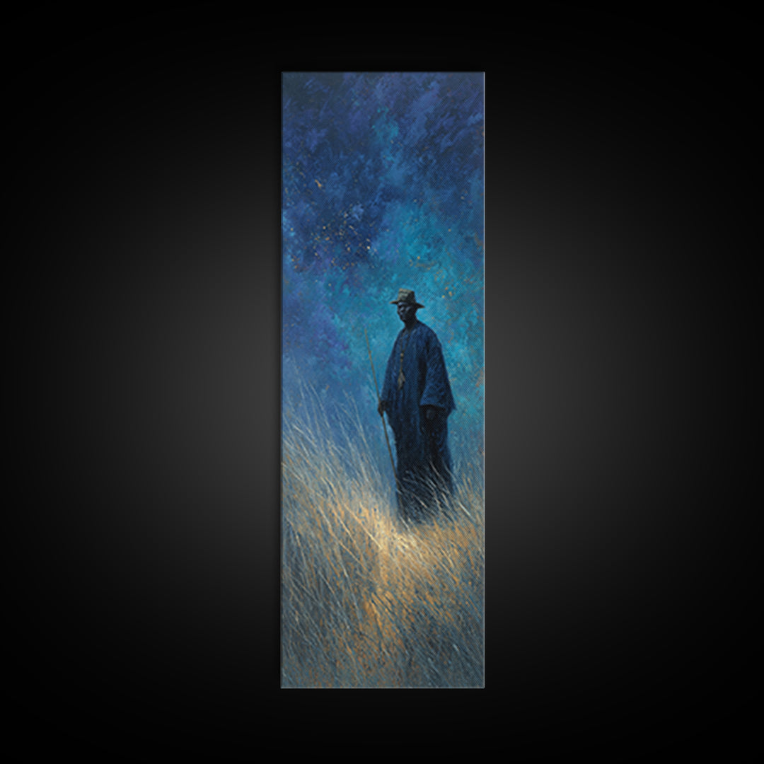 Blue Night Wanderer Wall Art, African Portrait, Mystical Wall Art, Spiritual Canvas Print, Dreamy Grassland Home Decor Gift