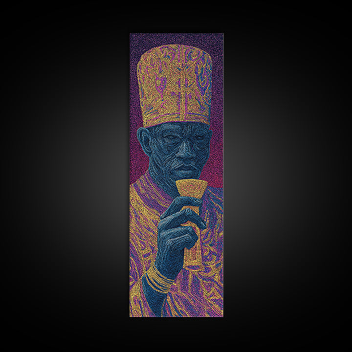 Ornate Blue Elder Drinking Tea Wall Art, African Portrait, Contemporary Canvas, Pointillist Black Art, Bold Home Decor Gift