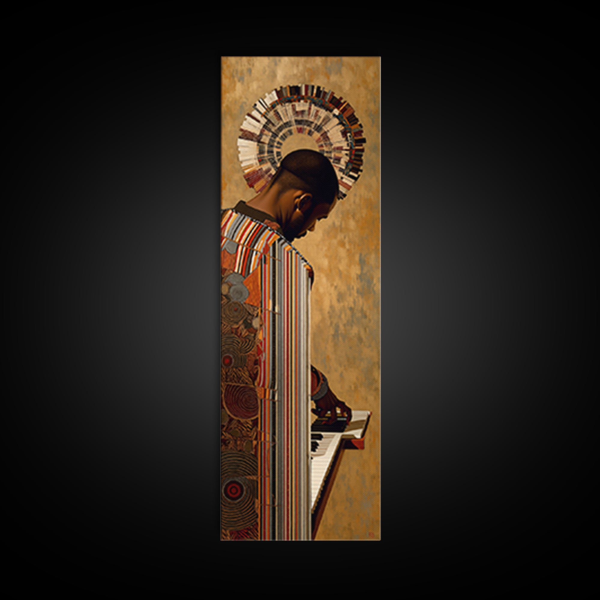 African Pianist With Halo Headdress Wall Art, Afrocentric Portrait, Black Culture Decor, Modern African Art, Music Room Canvas