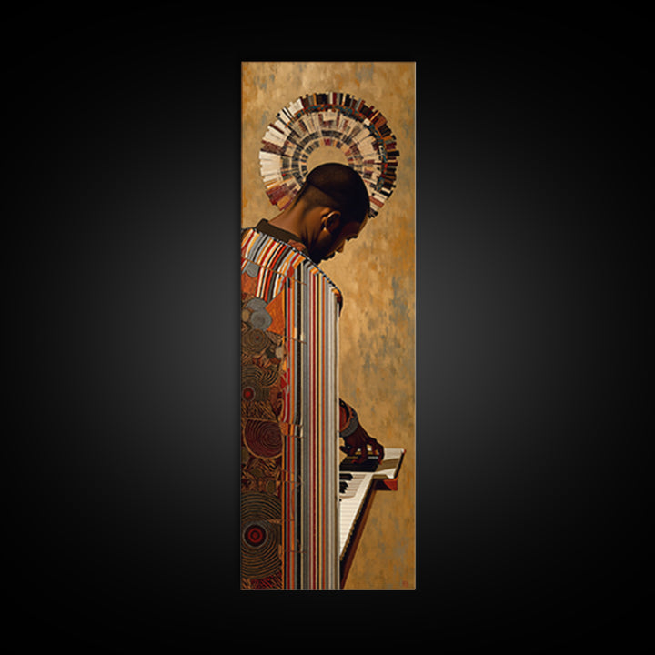 African Pianist With Halo Headdress Wall Art, Afrocentric Portrait, Black Culture Decor, Modern African Art, Music Room Canvas