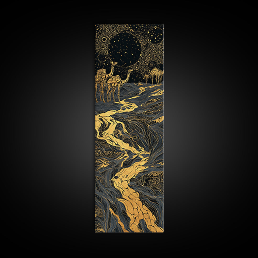Golden Moon Elephants In Cosmic River Wall Art, African Safari Art, Black And Gold Decor, Mystical Landscape, Statement Print