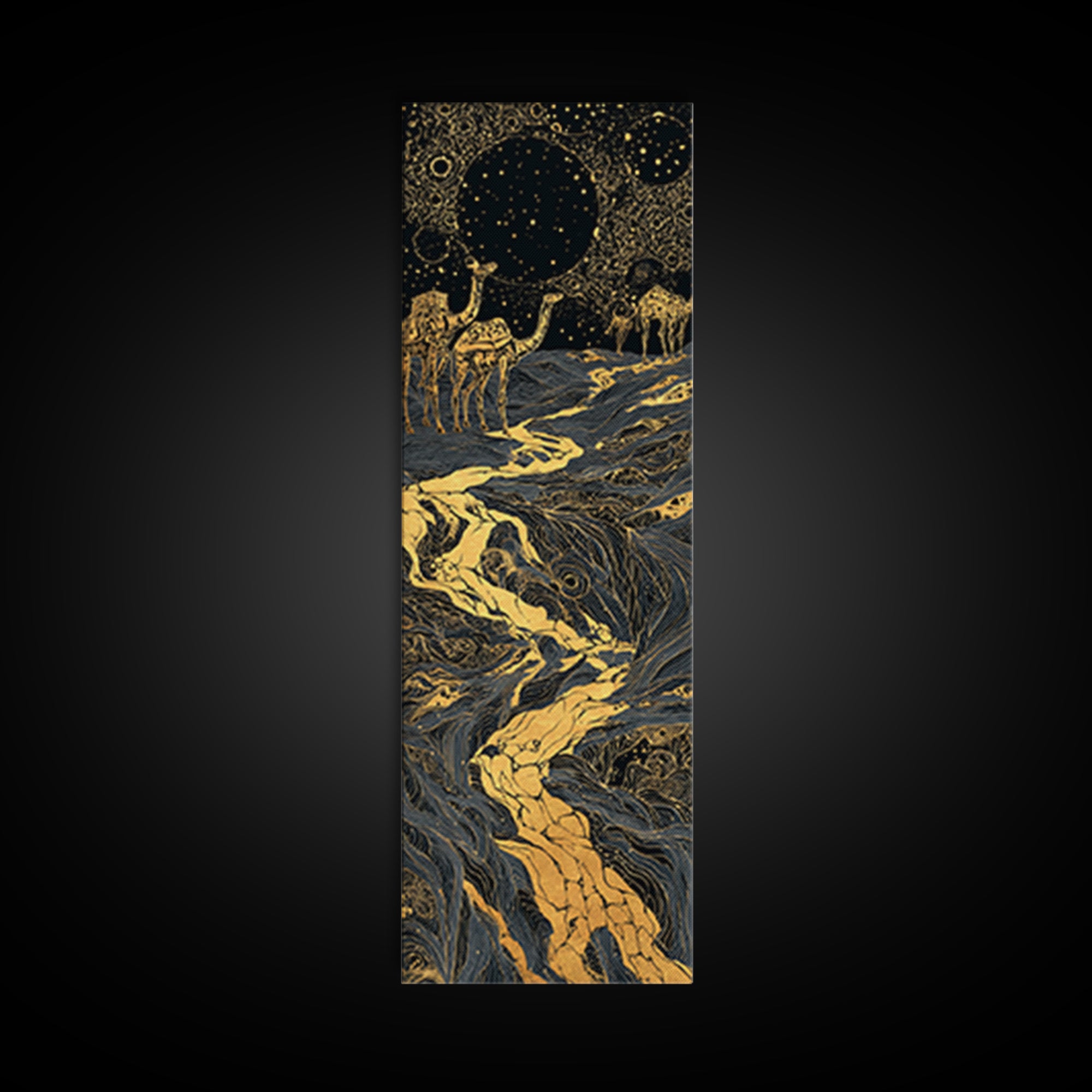 Golden Moon Elephants In Cosmic River Wall Art, African Safari Art, Black And Gold Decor, Mystical Landscape, Statement Print