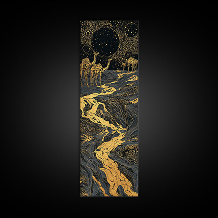 Golden Moon Elephants In Cosmic River Wall Art, African Safari Art, Black And Gold Decor, Mystical Landscape, Statement Print