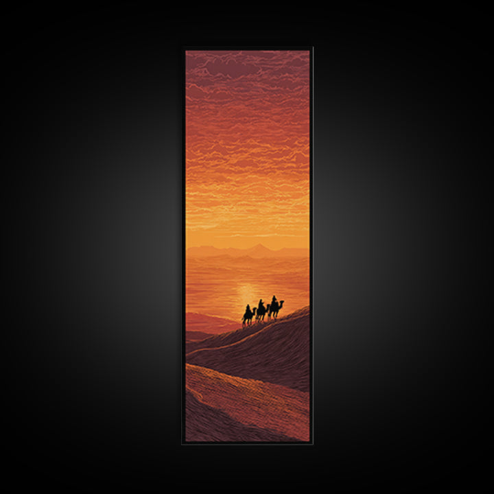 Sunset Camel Caravan Over Desert Dunes Canvas Print, African Landscape, Sahara Travel Wall Decor, Warm Orange Safari Art