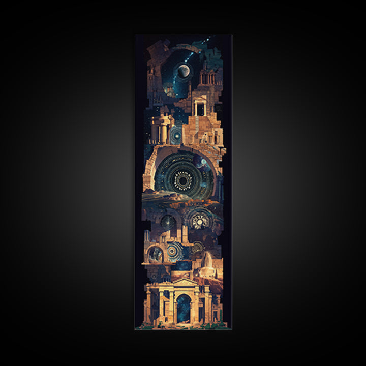 Ancient Temple Night Wall Art, Mystical Ruins Under Moon, African Inspired Architecture, Spiritual Blue Gold Home Decor Gift