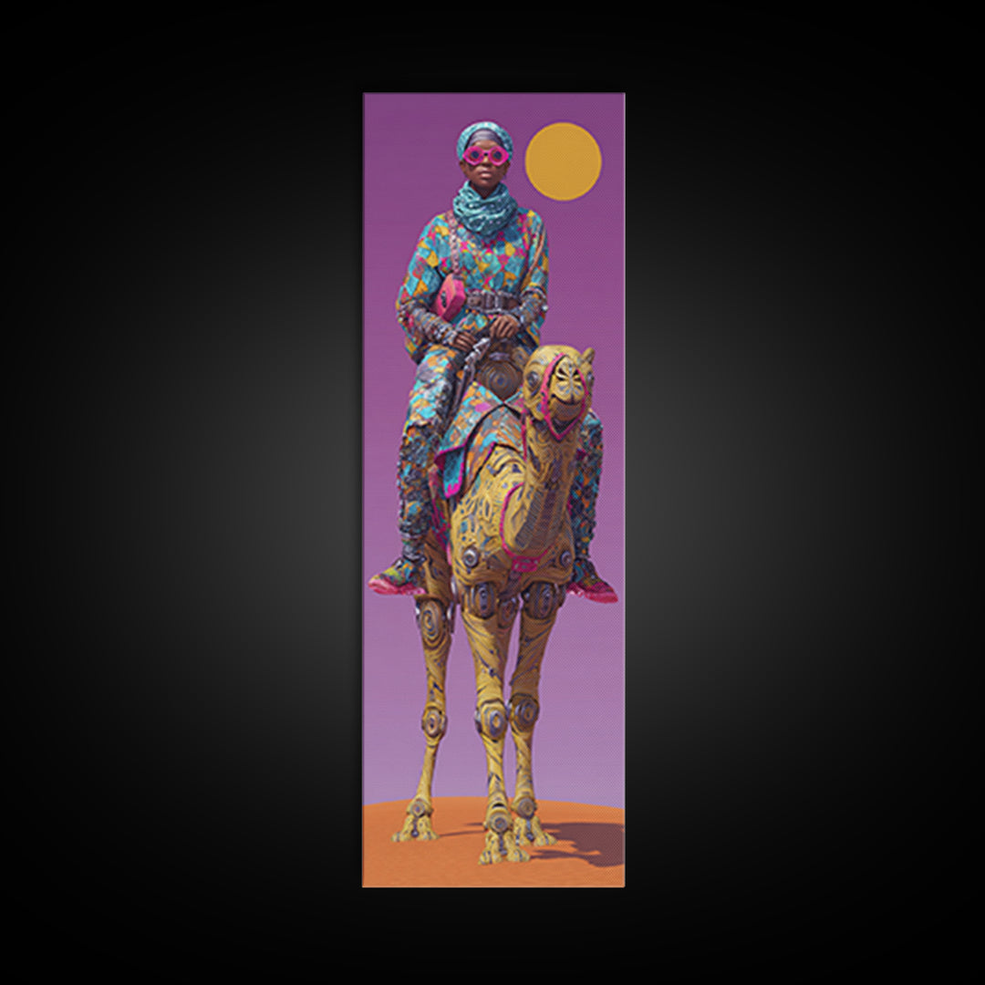Afrofuturist Woman On Robotic Camel Wall Art, African Queen Portrait, Modern African Art, Purple Orange Desert Decor Print