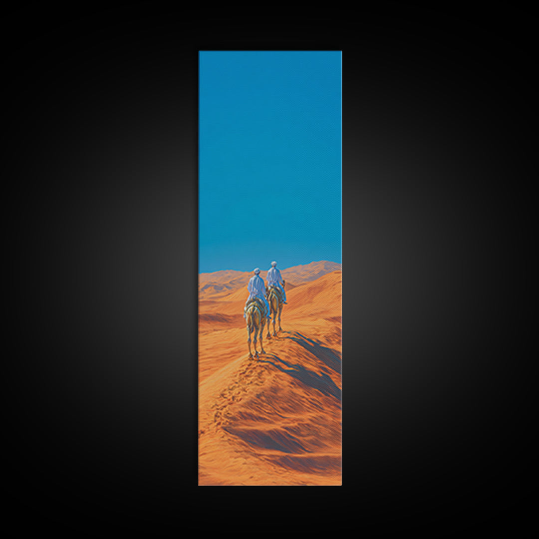 Blue Nomad Riders Crossing Orange Desert Dunes Wall Art, African Safari Decor, Modern Canvas, Boho Living Room Artwork Prints