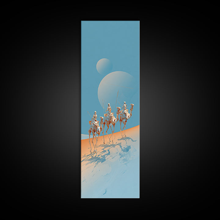 White Camel Riders Beneath Pale Blue Moons Framed Canvas Print, African Safari Art, Dreamy Desert Decor, Unique Wall Artwork
