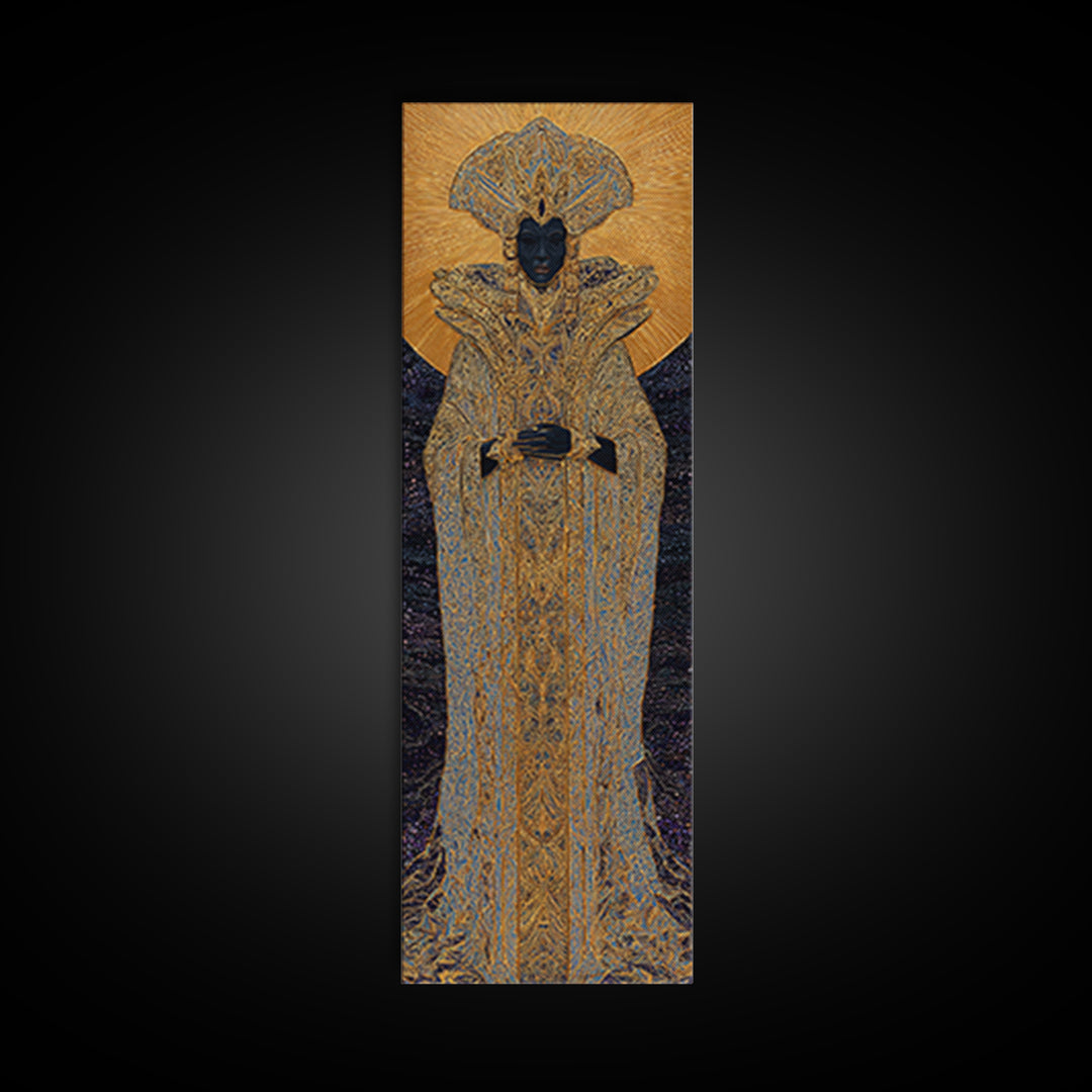 Regal Black Queen In Ornate Gold Robe Framed Canvas Print, African Woman Art, Afrocentric Decor, Luxury Portrait Wall Art