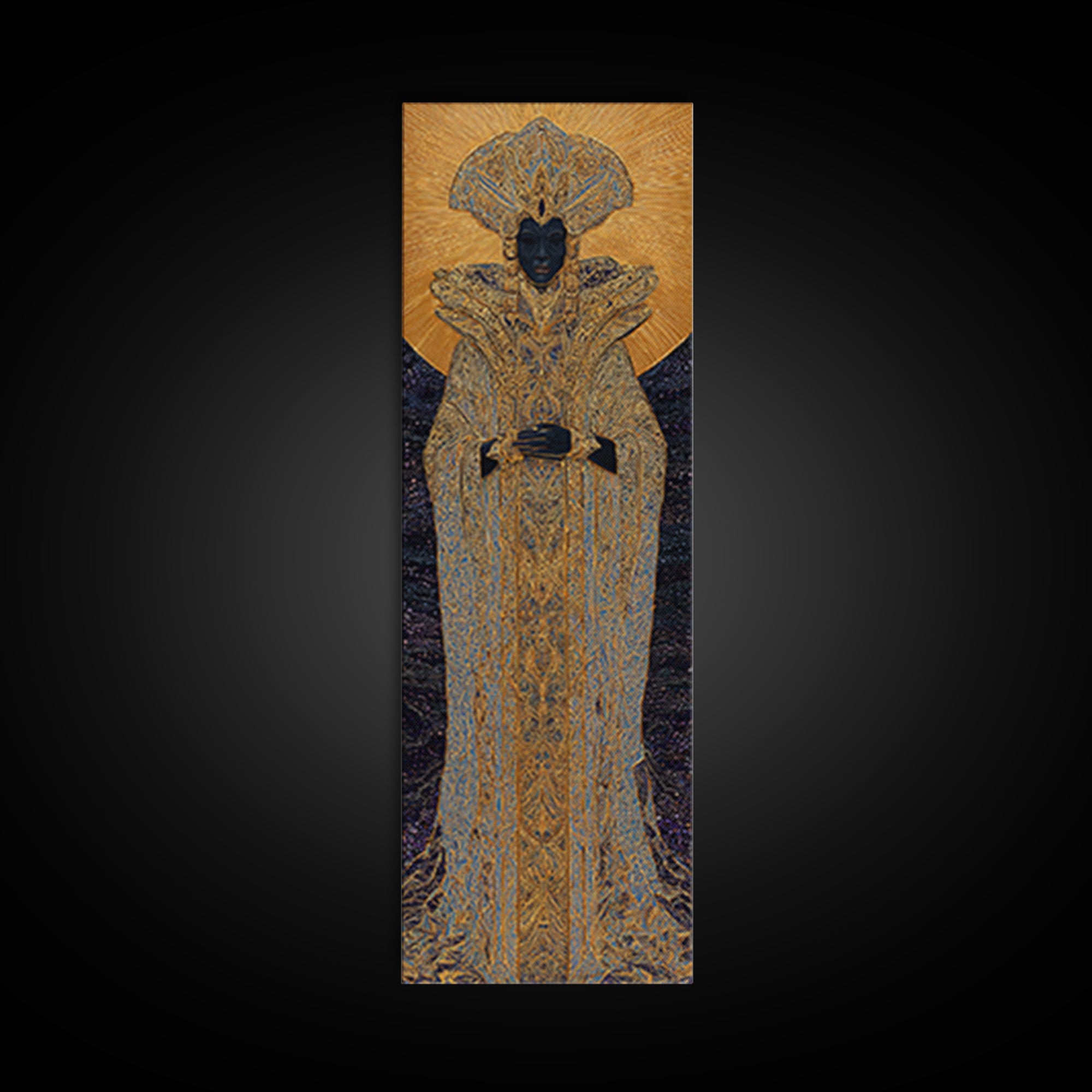 Regal Black Queen In Ornate Gold Robe Framed Canvas Print, African Woman Art, Afrocentric Decor, Luxury Portrait Wall Art