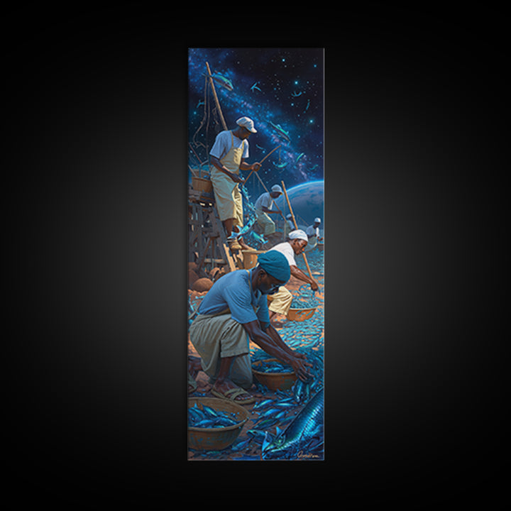 Starlit Fishermen Sorting Blue Catch Framed Canvas Print, Cosmic Seascape Wall Art, Coastal Work Scene, Unique Decor, Gift For Him