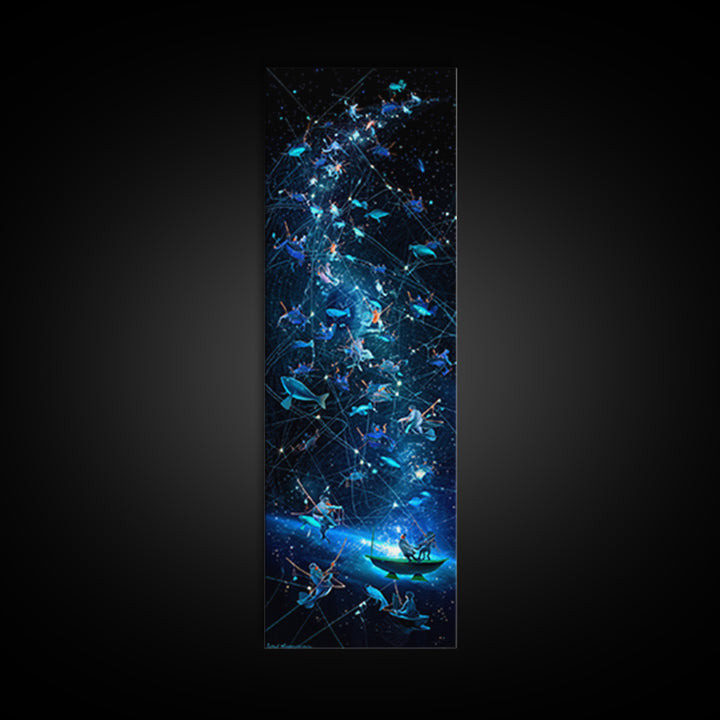 Glowing Fish Constellation Wall Art, Cosmic Ocean Canvas Print, Blue Galaxy Sea Life, Dreamy Nautical Modern Decor, Large Decor Art