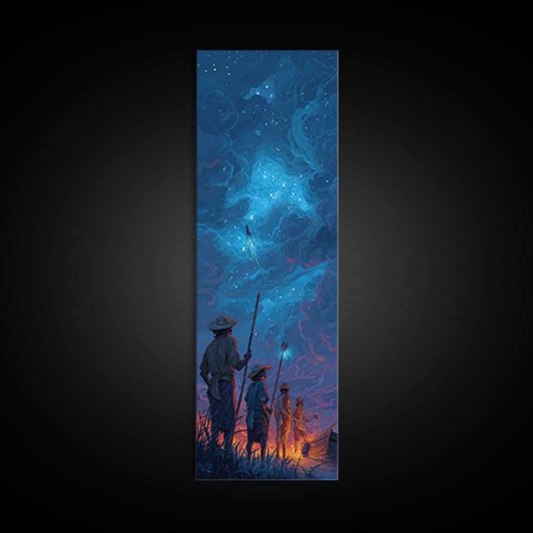 Starry Blue Storm Watchers Wall Art, Fantasy Cloudscape Canvas Print, Silhouette Adventure Decor, Mystical Night Sky, Dreamy Wall Art