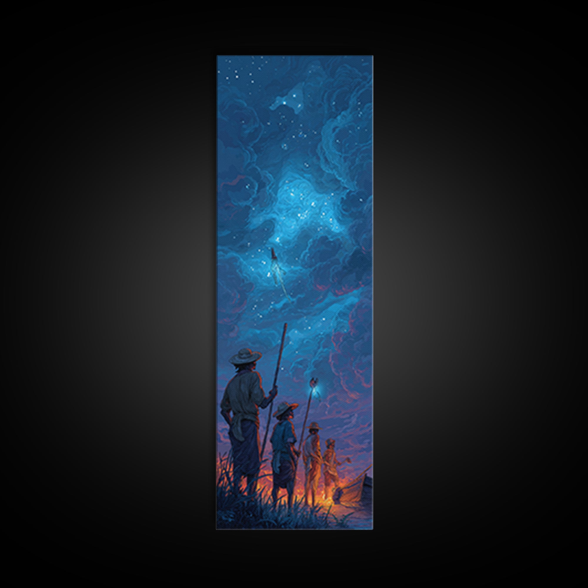Starry Blue Storm Watchers Wall Art, Fantasy Cloudscape Canvas Print, Silhouette Adventure Decor, Mystical Night Sky, Dreamy Wall Art