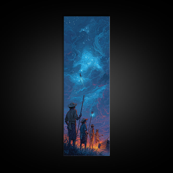 Starry Blue Storm Watchers Wall Art, Fantasy Cloudscape Canvas Print, Silhouette Adventure Decor, Mystical Night Sky, Dreamy Wall Art