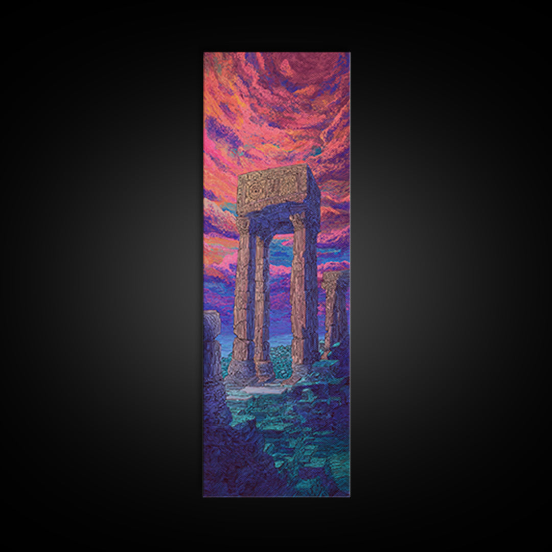 Ancient Stone Portal At Neon Sea Wall Art, Surreal Ruins Landscape, African Inspired Decor, Fantasy Sunset Canvas Print Gift