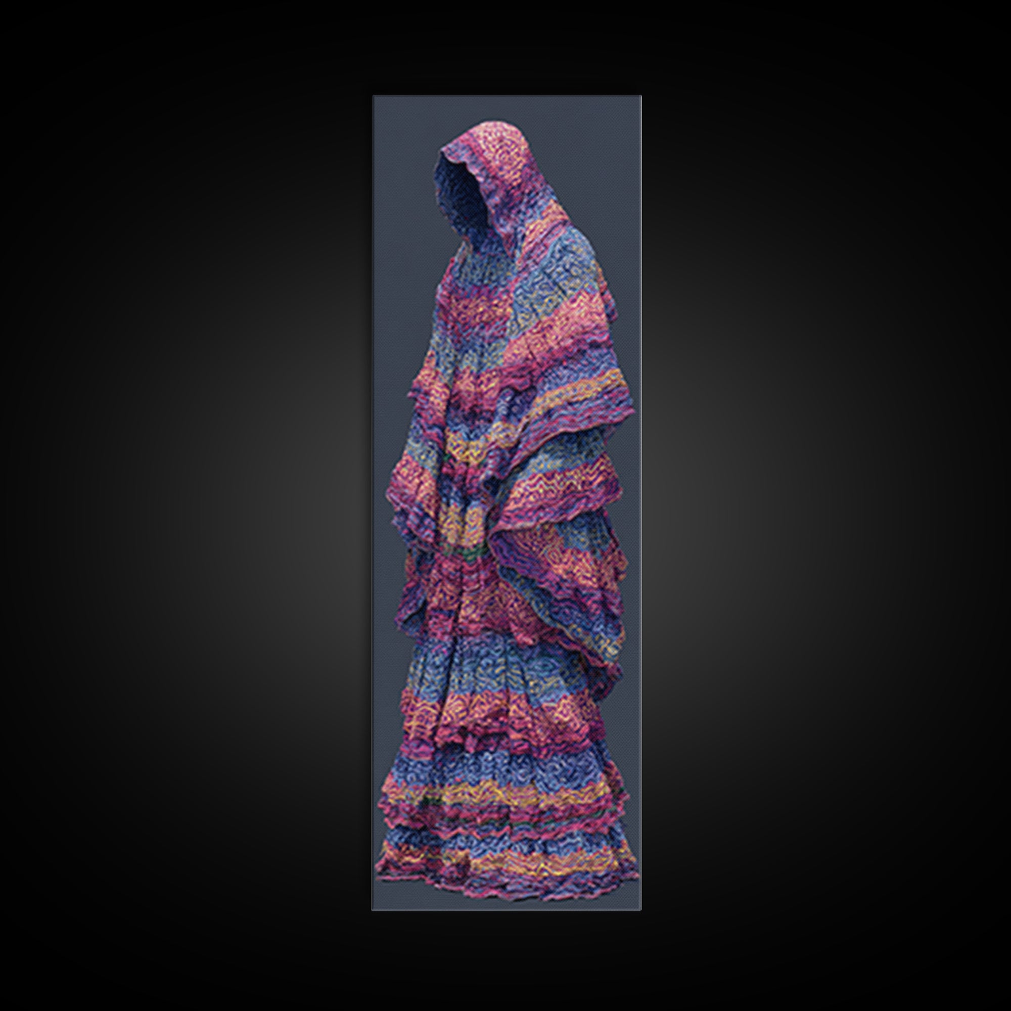 Hooded Indigo Textile Woman Canvas Print, African Woman Art, Pink Blue Patterned Robe, Feminine Boho Wall Decor Gift For Her