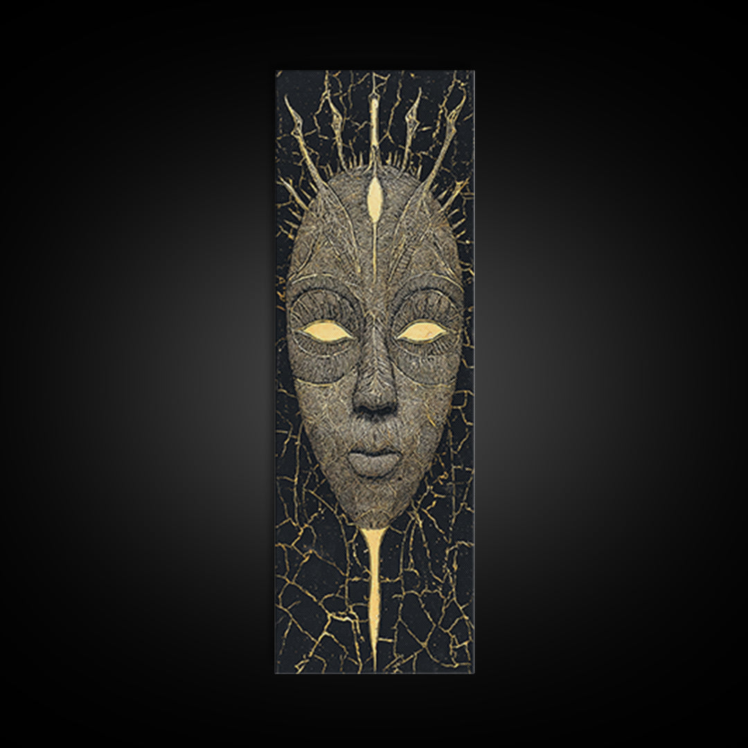Crowned Ritual Mask Canvas Print, Golden African Tribal Art, Black Gold Face Portrait, Spiritual Wall Decor Gift For Home