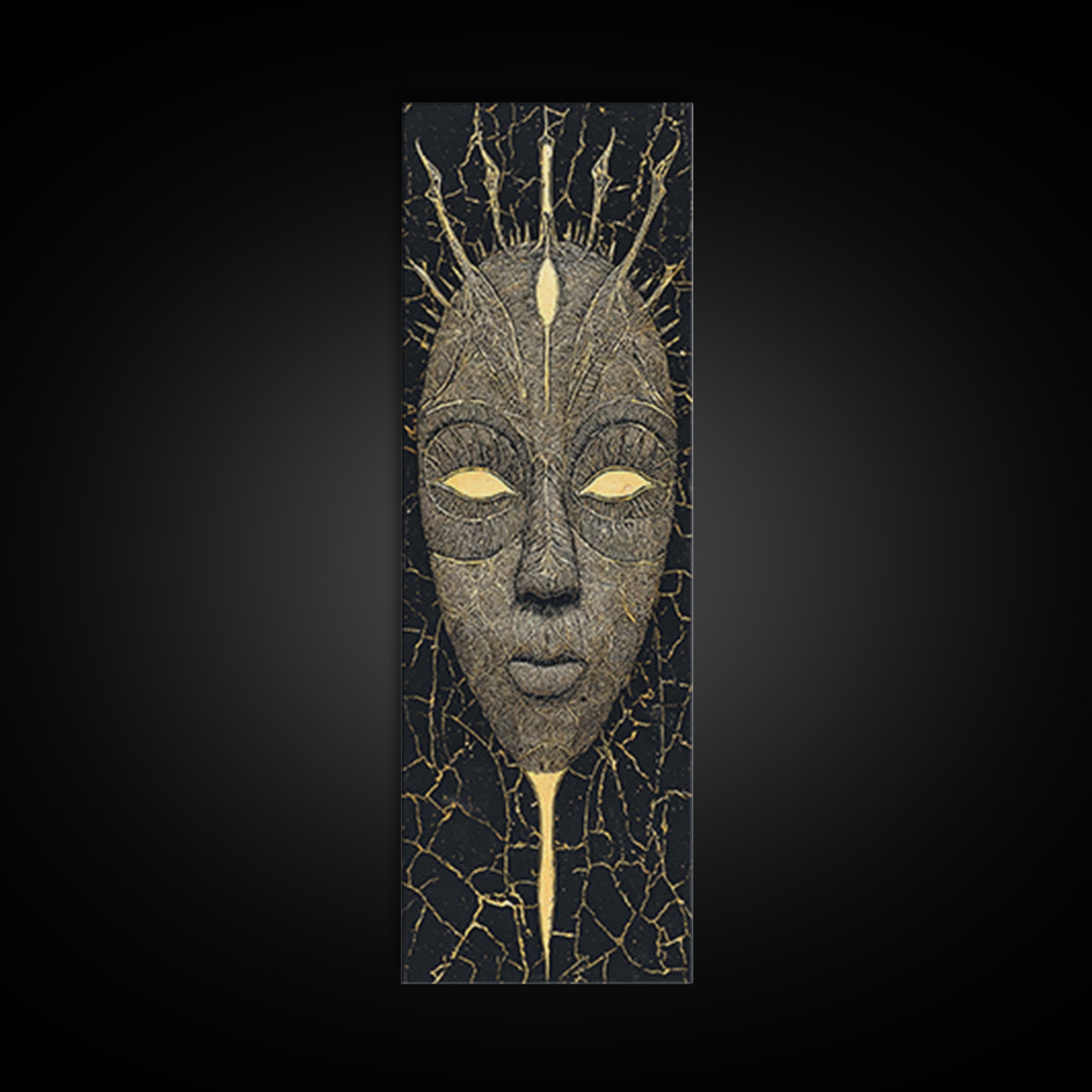 Crowned Ritual Mask Canvas Print, Golden African Tribal Art, Black Gold Face Portrait, Spiritual Wall Decor Gift For Home