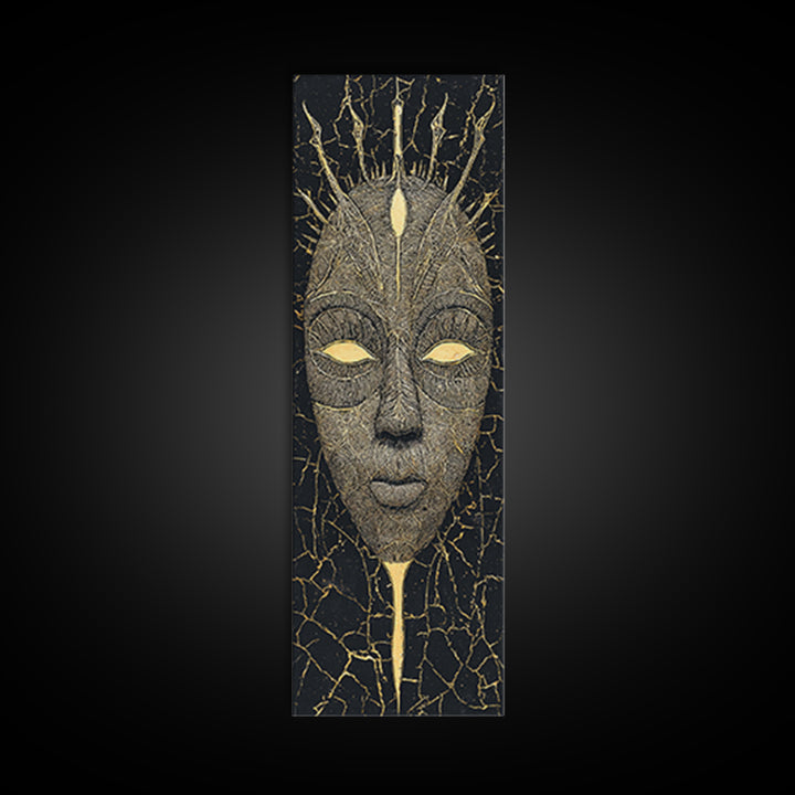 Crowned Ritual Mask Canvas Print, Golden African Tribal Art, Black Gold Face Portrait, Spiritual Wall Decor Gift For Home