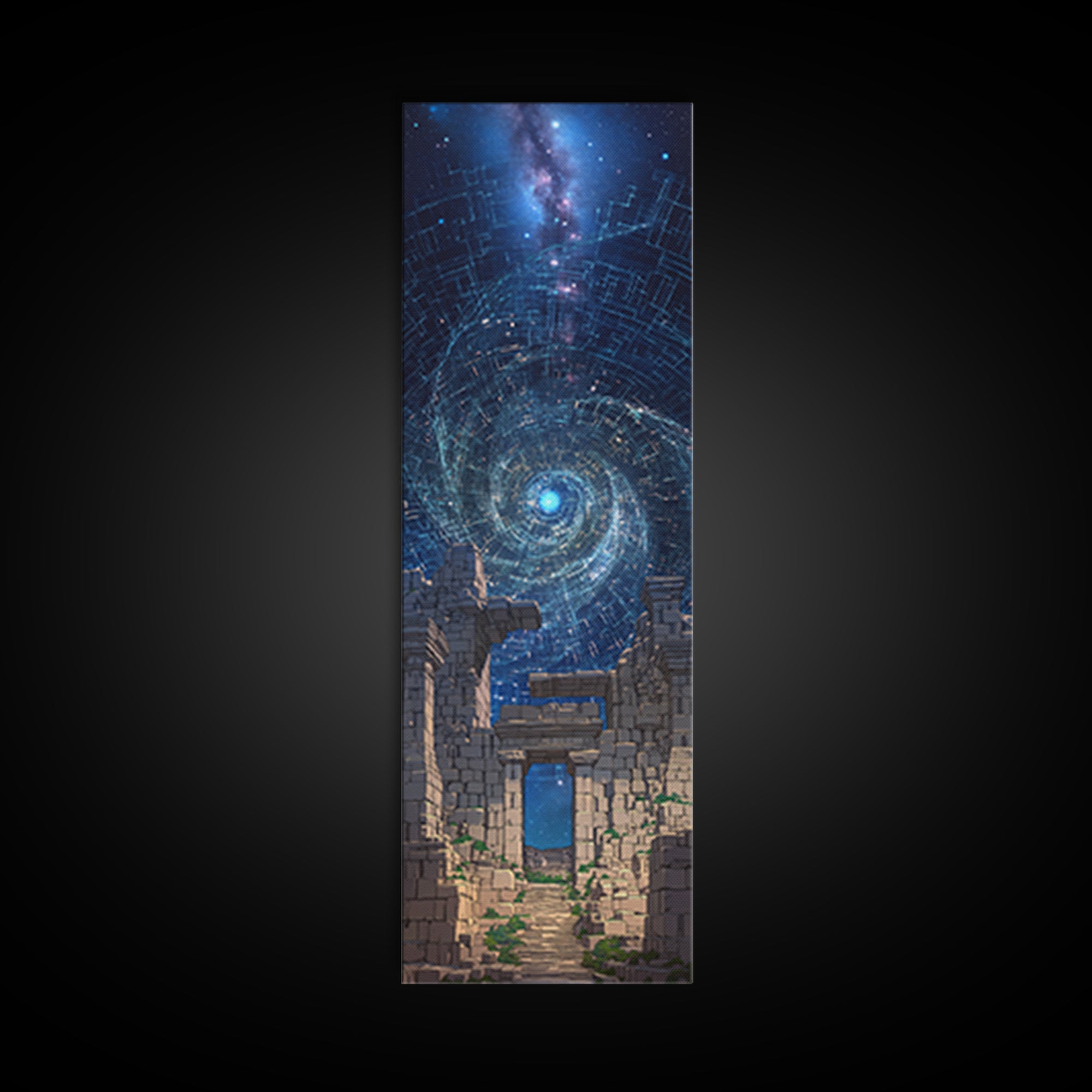 Cosmic Spiral Portal Over Ancient Ruins Canvas Print, Starry Galaxy Wall Decor, Mystical Wall Art, Blue Fantasy Gift For Her