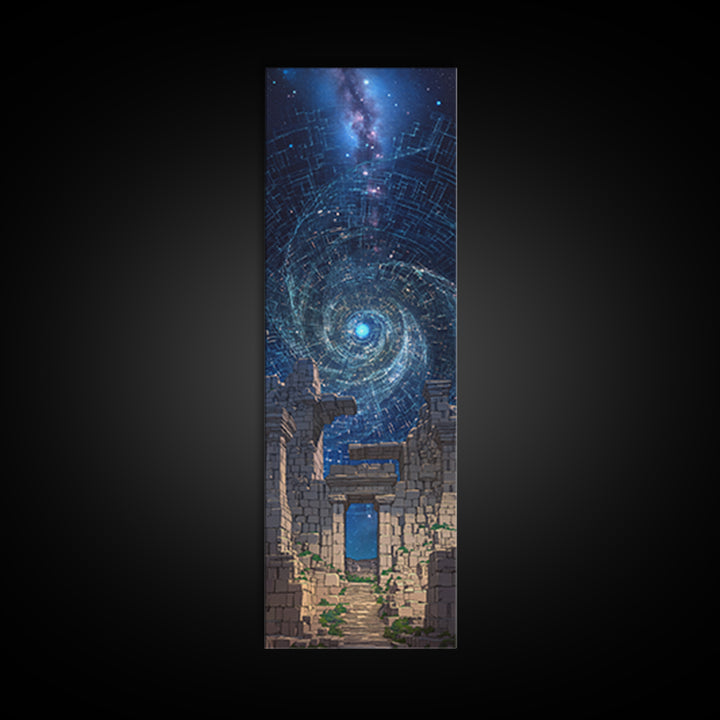 Cosmic Spiral Portal Over Ancient Ruins Canvas Print, Starry Galaxy Wall Decor, Mystical Wall Art, Blue Fantasy Gift For Her