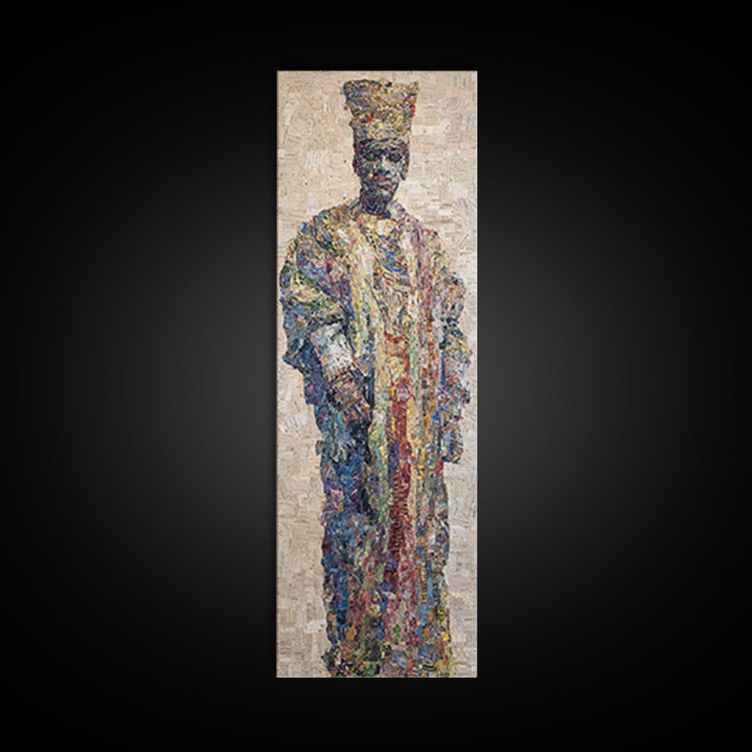 Regal Mosaic African King Framed Canvas Print, Textured Cultural Portrait, Afrocentric Wall Art, Elegant Home Decor Gift