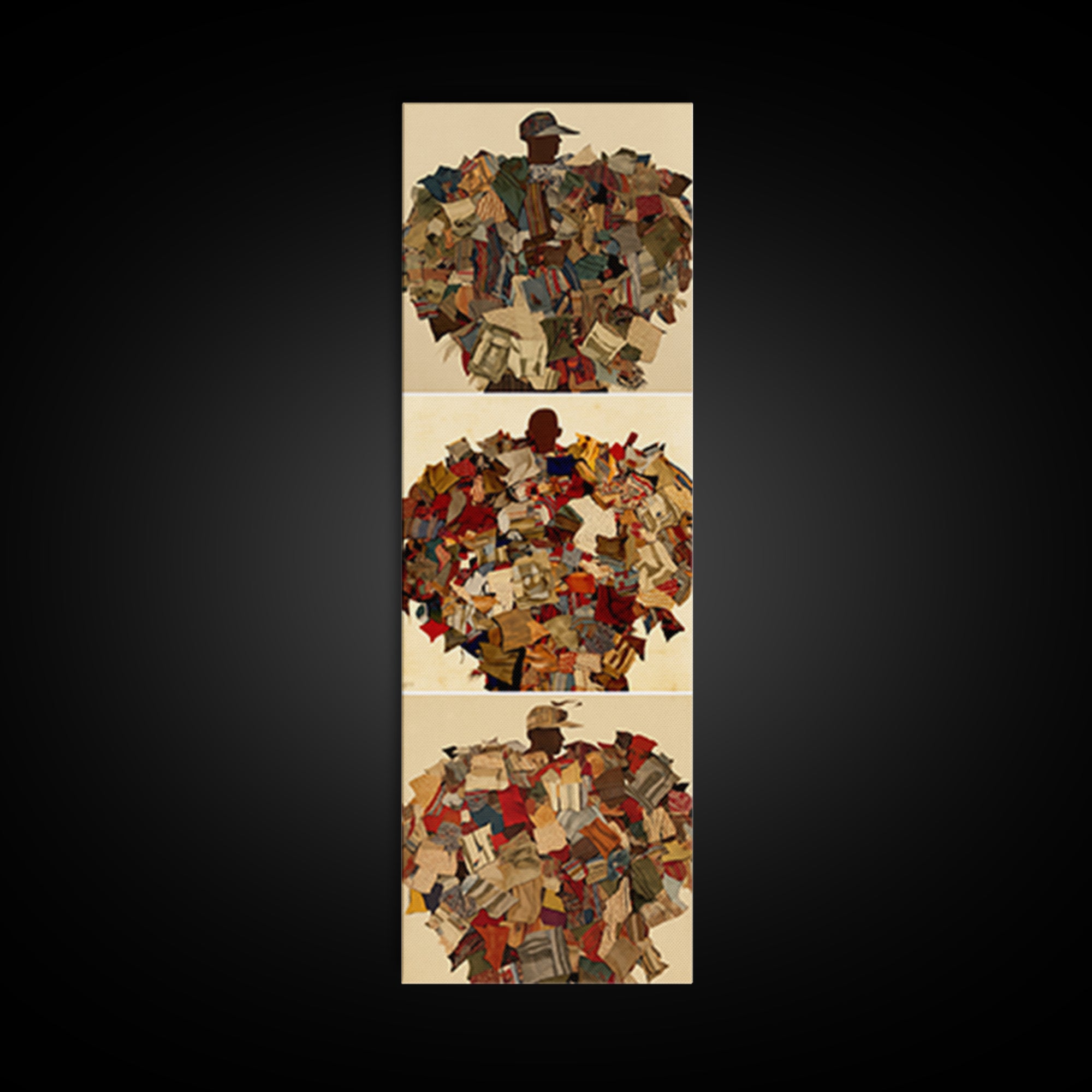 Patchwork Collage Figure Triptych Wall Art, African Fabric Abstract Portraits, Boho Textile Decor, Modern Canvas Print Gift