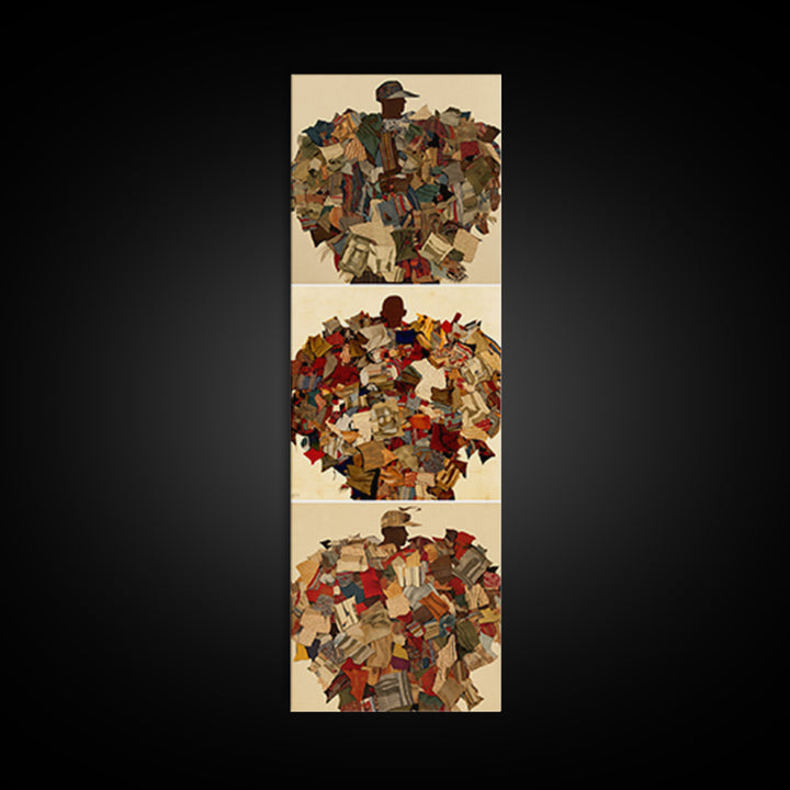 Patchwork Collage Figure Triptych Wall Art, African Fabric Abstract Portraits, Boho Textile Decor, Modern Canvas Print Gift