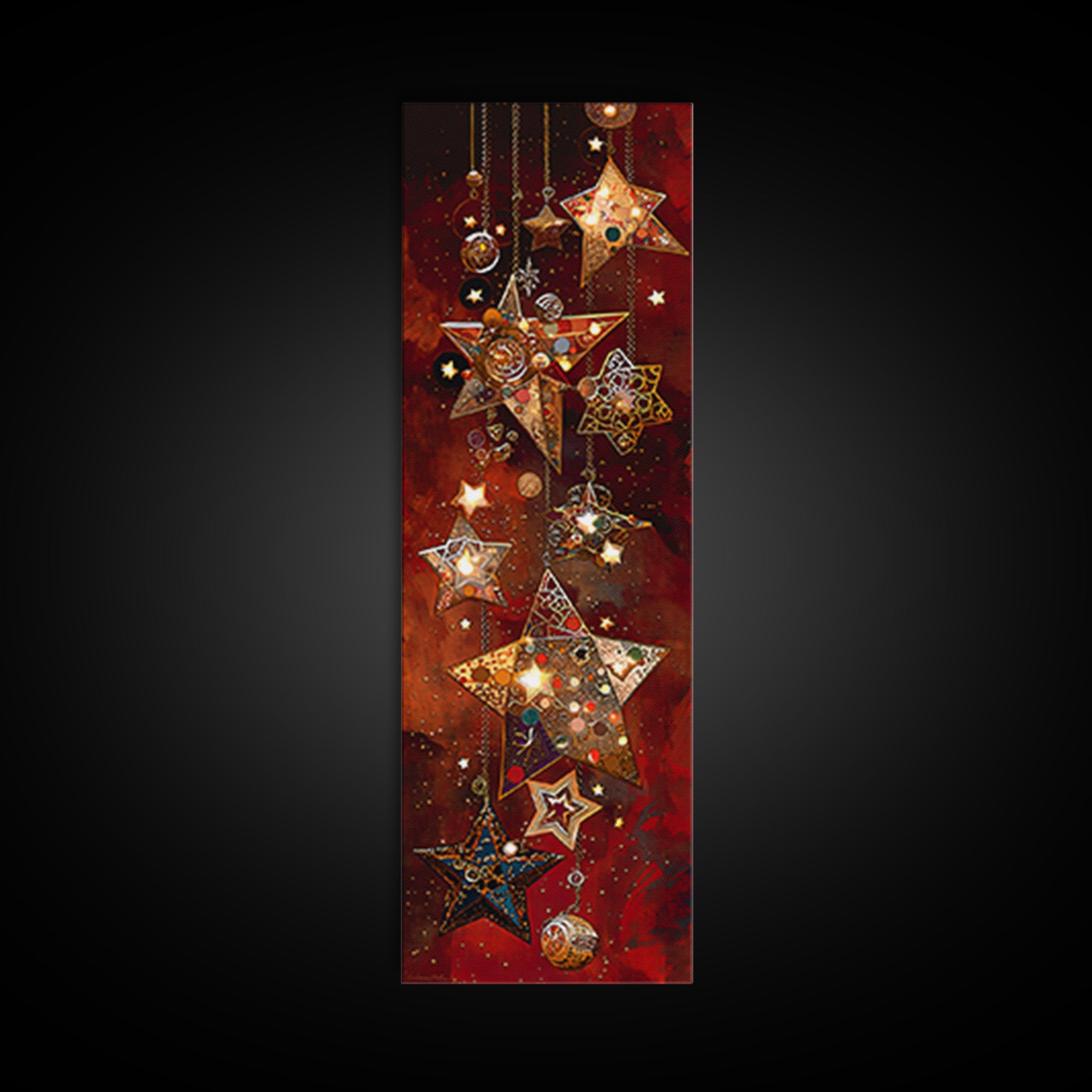 Hanging Mosaic Star Ornaments Framed Canvas Print, Red Celestial Wall Art, Holiday Decor, Bohemian Home Decor Gift For Her