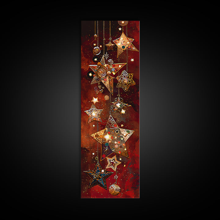 Hanging Mosaic Star Ornaments Framed Canvas Print, Red Celestial Wall Art, Holiday Decor, Bohemian Home Decor Gift For Her