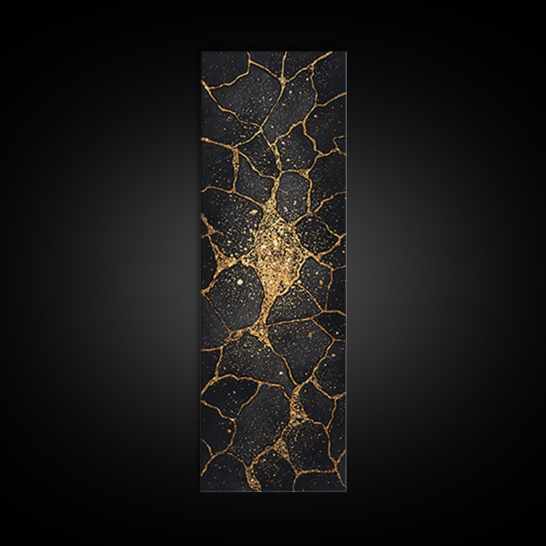Black Gold Kintsugi Crackle Wall Art, Abstract Stone Canvas Print, Luxury Modern Home Decor, Earth Tone Art Gift For Living Room