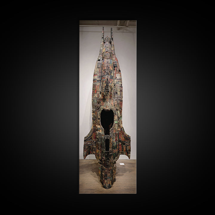 Towering Mixed Media Rocket Sculpture Wall Art, African Inspired Gallery Decor, Statement Canvas Print, Unique Home Decor Gift