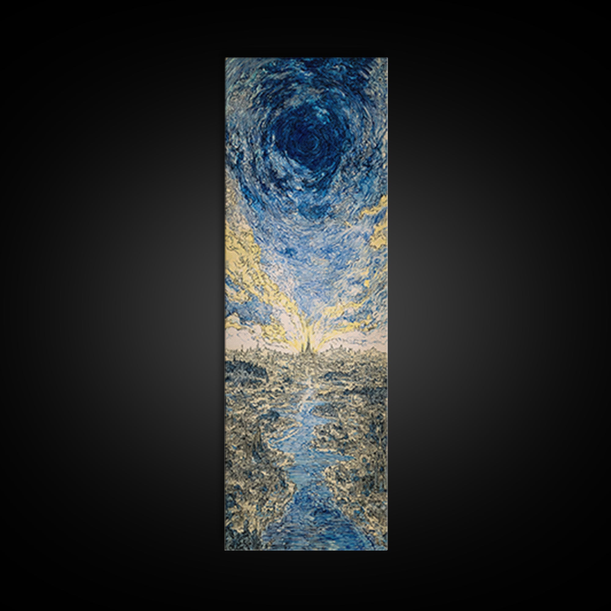 Blue Vortex Sky Above River Valley Wall Art, Abstract Landscape Canvas Print, Modern Nature Scene Art, Dreamy Home Decor