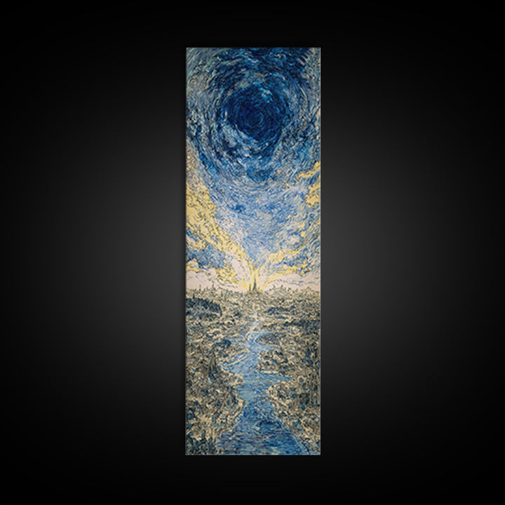 Blue Vortex Sky Above River Valley Wall Art, Abstract Landscape Canvas Print, Modern Nature Scene Art, Dreamy Home Decor