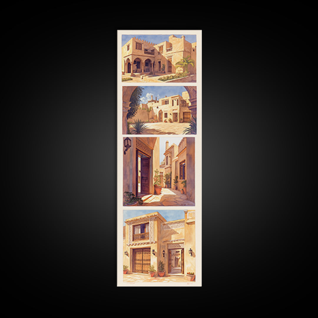 Desert Courtyard Architecture Wall Art, Morocco Travel Poster, African Inspired Decor, Sunlit Villa Canvas Print, Gift For Her