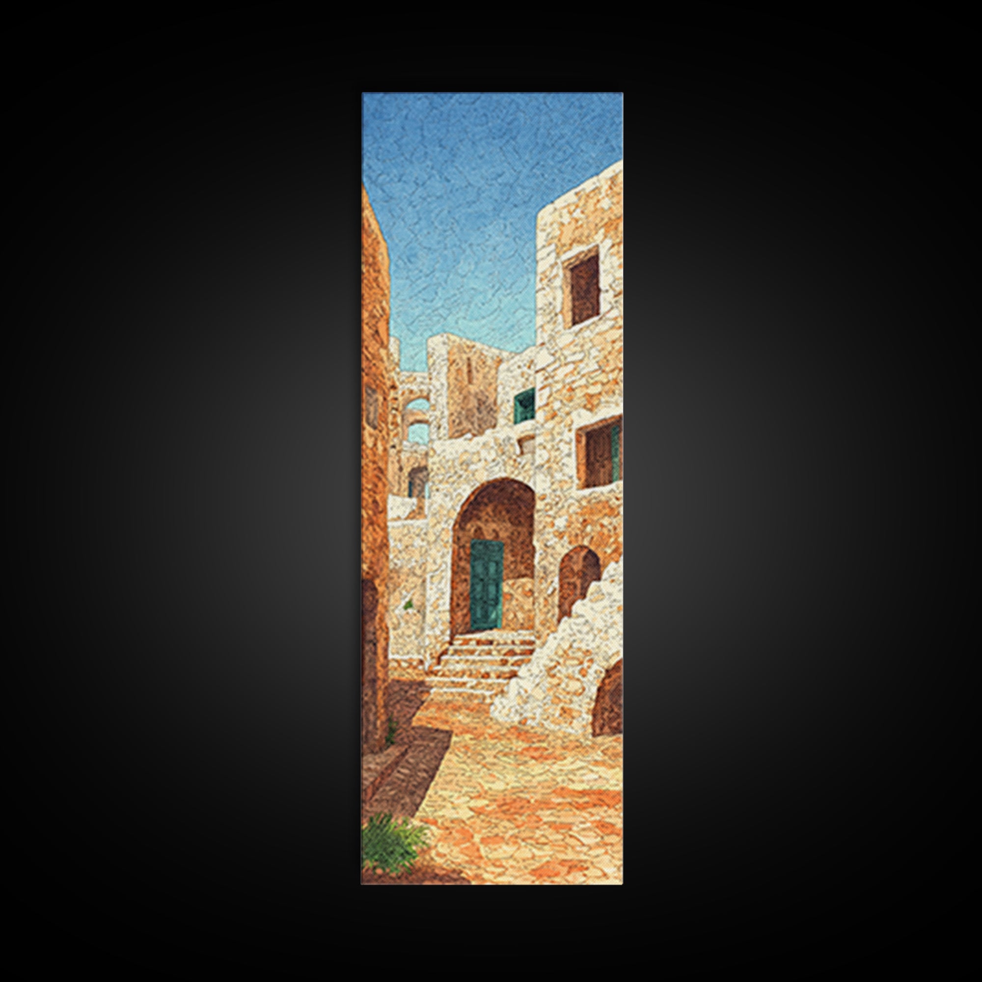 Sunlit Stone Medina Alley Canvas Print, Moroccan Blue Door Wall Art, African Travel Decor, Rustic Beige Home Decor Gift Print