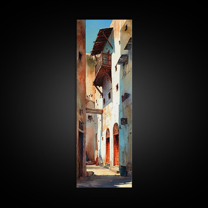 Narrow Old Town Alley Framed Canvas Print, Moroccan Street Wall Art, African Inspired Rustic Decor, Mediterranean Home Gift
