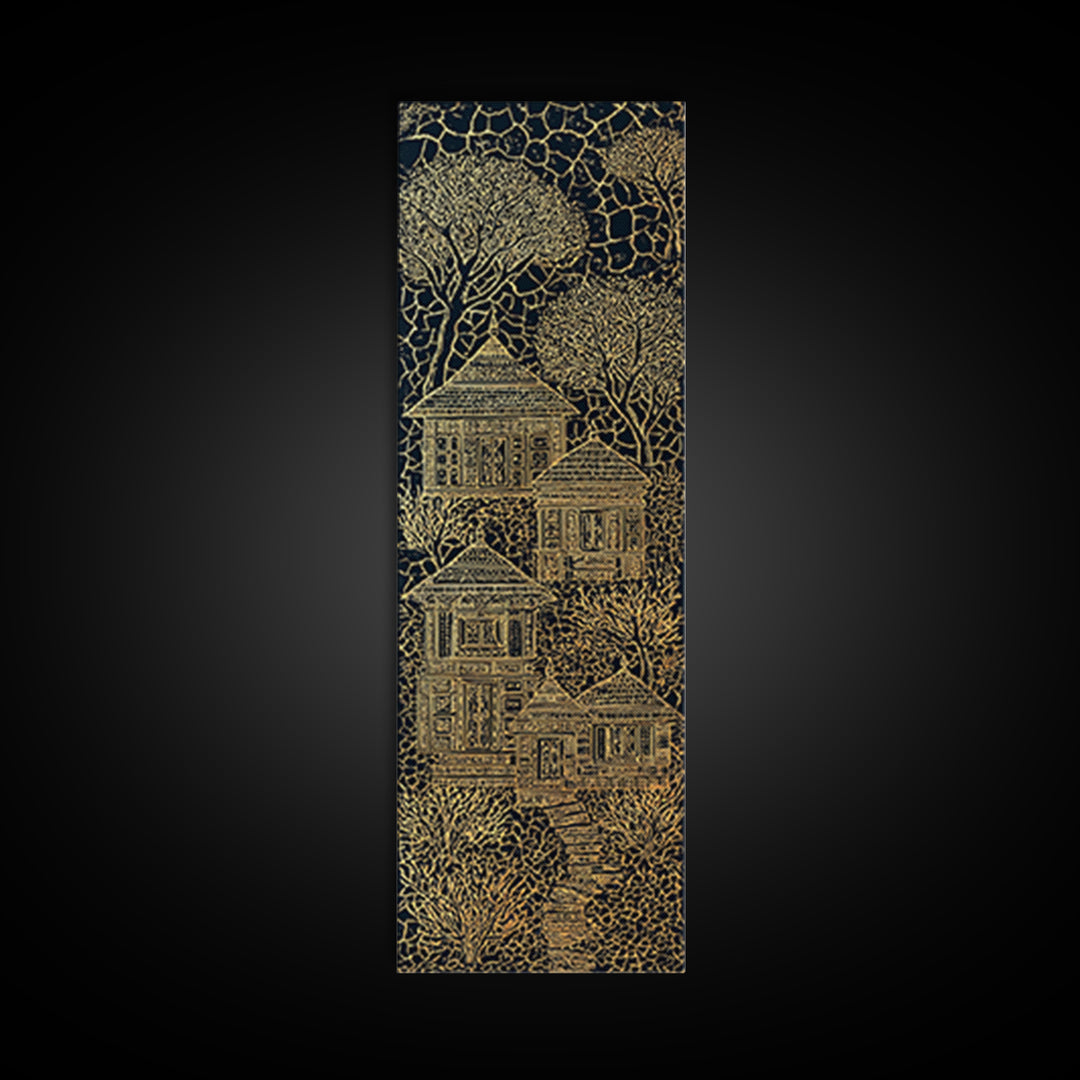Golden Line Art Village House Canvas Print, African Inspired Black And Gold Wall Art, Boho Tribal Decor, Unique Home Decor